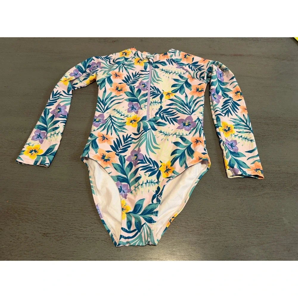 Kids FOX Girls Long Sleeve Rash Guard Swimsuit Floral Size 12